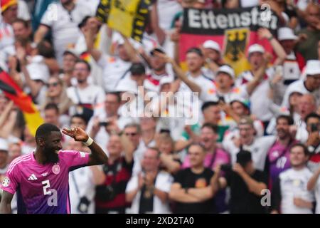 Stuttgart, Deutschland. Juni 2024. Antonio Rudiger spielte während des UEFA Euro 2024-Spiels zwischen Deutschland und Ungarn, Gruppe A, DATE 2, am 19. Juni 2024 im Mercedes-Benz Arena Stadion in Stuttgart. (Foto: Bagu Blanco/Pressinphoto/SIPA USAPHOTO) Credit: SIPA USA/Alamy Live News Stockfoto