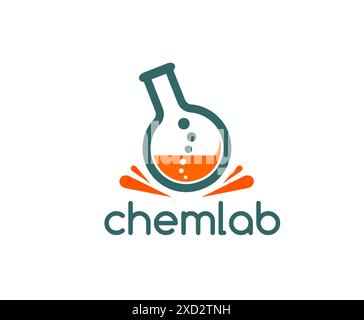 Symbol für das Wissenschaftslabor. Isoliertes Vektor-Emblem für wissenschaftlich-chemische Labors mit stilisiertem Becher oder Kolben mit einer orangen Flüssigkeit mit Blasen, Spritzern und Wort Chemlab in serifenloser Schrift Stock Vektor