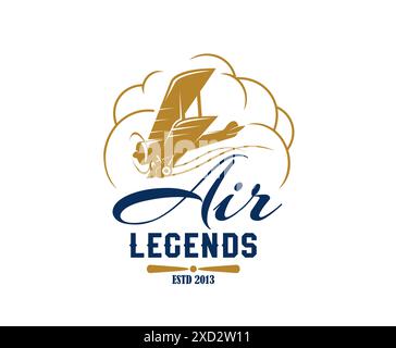 Symbol für Airline und Aircraft Aviation. Isolierte Vektor-Air-Legenden-Emblem mit Vintage-Doppeldecker, die durch stilisierte Wolken hinaufsteigen, in Blau- und Goldpalette, mit elegantem Schriftzug, der ein Gefühl von Erbe weckt Stock Vektor