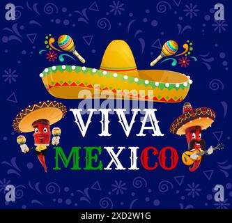 Viva Mexico Banner mit Sombrero Hut, Chili Pfeffer Musiker und Vektor Pinatas für den nationalen mexikanischen Unabhängigkeitstag. Mexikanische feiertagsfeier, Cartoon Mariachi-Paprika mit Gitarren und Maracas Stock Vektor