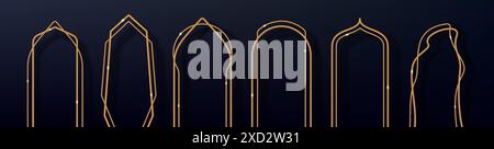 3D goldene Bogenrahmen, isolierte Vektorgruppe aus realistischen Metallbögen aus Gold, architektonische Elemente in modernem dekorativen und orientalischen arabischen Dekorationsstil. Magische Portale, Eingänge, minimale Randformen Stock Vektor
