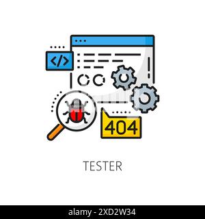 Offene Stelle bei Testern, Karriere bei IT-Spezialisten, Web-Entwicklung, Job-Outline-Farbsymbol. Entwicklung von Website-Software, Anwendungstester lineares Vektorzeichen oder Symbol mit Browserseite, Bug und Lupe Stock Vektor