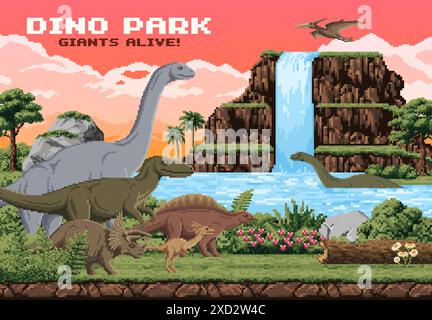 8-Bit-Kunst-Dinosaurier, Arcade-Spiellandschaft. Vektor-Dino-Park mit Brachiosaurus, Stegosaurus, triceratops und fliegenden Pterosaurier-Dino-Gewürzen, prähistorischen Wasserfällen, Klippen, Flora unter Sonnenuntergang Stock Vektor