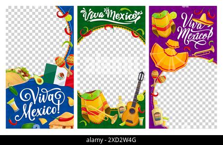 Viva Mexico Social Media Vorlage Banner mit Rahmen, Vektor mexikanische Feiertage. Cartoon Sombrero, Gitarre und Maracas, Flagge von Mexiko, Tequila und Chili, Tex mex Food und Poncho Web Poster Layout Stock Vektor