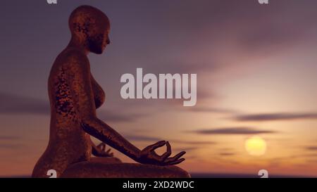 3D-Illustration der goldenen Buddha-Statue in Meditation bei Sonnenaufgang Stockfoto