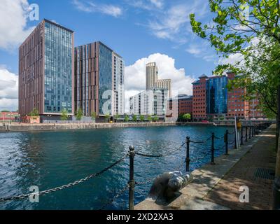 Moderne Apartmentblöcke neben dem Erie Basin in Salford Quays, Salford, Greater Manchester, England. Stockfoto