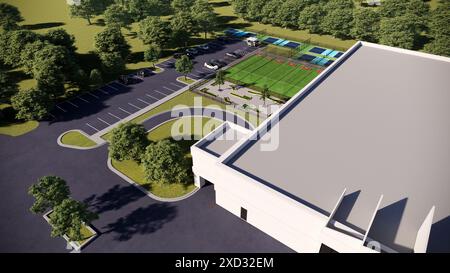 3D-Rendering-Luftaufnahme eines Sportkomplexes. Es gibt auch Tennisplätze, Baseballkäfig, Minigolf und Parkplatz. Der Komplex ist umgeben Stockfoto