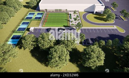 Sportkomplex mit einem Pickleball Tennisplätze in der ländlichen Gegend 3D Rendering Stockfoto