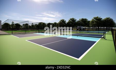 Outdoor Pickleball Court Match in blau und grün Stockfoto