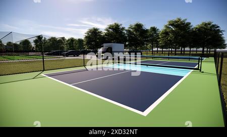 Pickleball oder Tennisplätze. Der Boden ist grün und blau mit weißen Begrenzungslinien 3D-Rendering Stockfoto