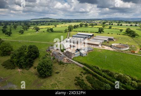 Molkereifarm im Eden Valley, Cumbria, der die Gebäude und das Weideland um die Farm herum bestaunt. Stockfoto