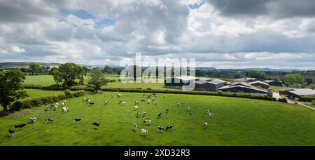 Molkereifarm im Eden Valley, Cumbria, der die Gebäude und das Weideland um die Farm herum bestaunt. Stockfoto