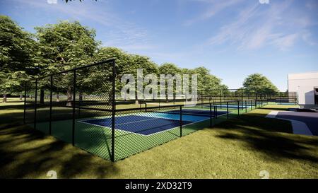 Leere Pickle-Ballplätze mit grüner und blauer 3D-Darstellung Stockfoto
