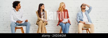 Eine Gruppe attraktiver Einzelpersonen, die auf Stühlen vor einer weißen Wand sitzen. Stockfoto