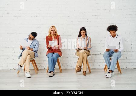 Verschiedene Gruppen sitzen, in die Lektüre von Papieren aufgenommen. Stockfoto
