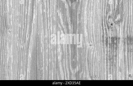 Weiße grungy Holzwand mit alter abblätternder Farbe, Nahaufnahme Hintergrundfotostruktur, Schwarzweißfoto Stockfoto