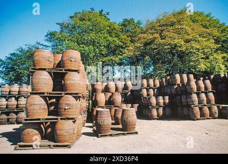 Whisky's Fässer, Glenfiddich Destillerie, Dufftown, Moray, Schottland Stockfoto