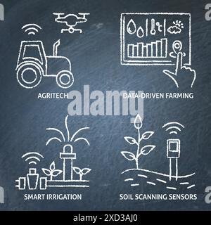 Symbol für intelligente Landwirtschaft auf dem Schwarzen Brett. Agritech, Bodenscan, automatische Bewässerung. Vektorabbildung. Stock Vektor