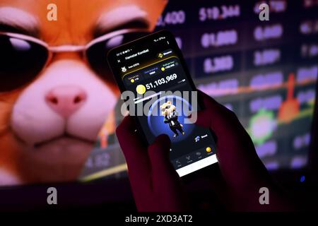 KIEW, UKRAINE - 20. APRIL 2024 Hamster Kombat Telegrammbot auf Smartphone-Bildschirm. Hamster Kombat ist ein virales Telegram-basiertes Krypto-Spiel, mit dem Sie HMSTR-Token verdienen können, indem Sie einen virtuellen Krypto-Austausch verwalten Stockfoto