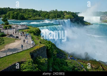 Blick auf die Niagarafälle. Zeigt American Falls, Goat Island und Horseshoe Falls. Bundesstaat New York, Vereinigte Staaten von Amerika Stockfoto