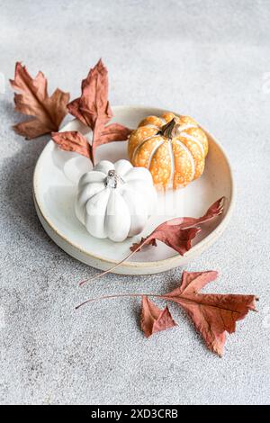 Eine ruhige Herbstszene mit zwei Kürbissen und getrockneten braunen Blättern, die auf einer einfachen Keramikplatte angeordnet sind, vor einem strukturierten grauen Hintergrund Stockfoto