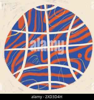 Illustrativer abstrakter Hintergrund mit geometrischem Muster mit ineinander verflochtenen orangefarbenen und blauen Linien auf einer strukturierten Oberfläche, die ein verspieltes und c Stockfoto