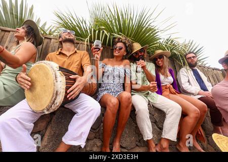 Von unten versammelt sich eine Gruppe von Freunden zu einer Party im Freien, um Lachen und Musik zu teilen. Männer und Frauen verschiedener Ethnien, einschließlich Cauc Stockfoto