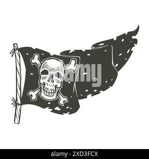 Piratenfahne handgezeichnete Doodle Vintage-Zeichnung in schwarzweißem Stil. Piraten-Ausrüstung Konzept Vektor-Illustration. Stock Vektor