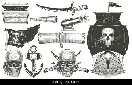 Piratenausrüstung Set handgezeichnete Doodle Vintage Zeichnung im schwarz-weißen Stil. Piraten-Ausrüstung Konzept Vektor-Illustration. Stock Vektor