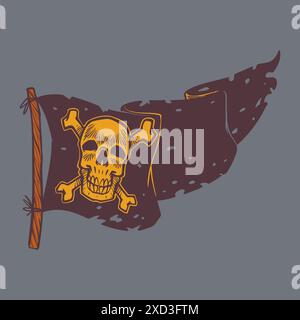 Piratenfahne handgezeichnete Vintage-Zeichnung in farbenfrohem Stil. Piraten-Ausrüstung Konzept Vektor-Illustration. Stock Vektor