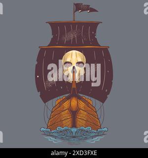 Altes Schiff handgezeichnet Doodle Vintage Zeichnung in bunten Stil. Piraten-Ausrüstung Konzept Vektor-Illustration. Stock Vektor