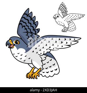 Netter glücklicher Wanderfalke, der mit Linie Art Zeichnung, Tiervögel, Vektor-Zeichen-Illustration, Cartoon Maskottchen Logo fliegt. Stock Vektor