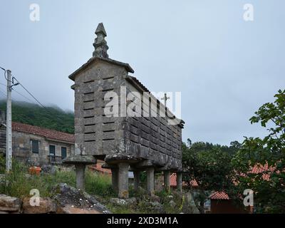 Horreos, eine belüftete Holz- oder Steinkonstruktion mit Füßen, in der Getreide gelagert und aufbewahrt wurden, insbesondere Mais, in der Stadt A Merca in Galicien Stockfoto