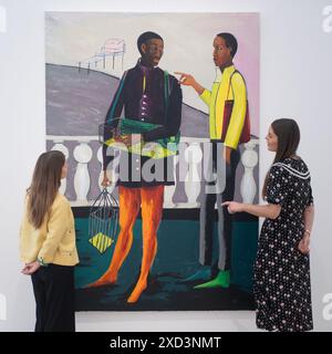 London, Großbritannien. Juni 2024. Die Mitarbeiter sehen 'The Bird Seller: Are You Listening' von Lubaina Himid (EST. £300.000 - £500.000), das am 27. Juni 2024 bei Phillips Modern & Contemporary Art: Evening & Day Sale auf Auktion gehen soll Credit: Justin ng/Alamy Live News Stockfoto