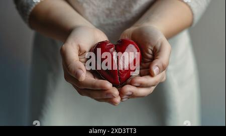 Die Hände der Frau halten ein Modell eines kleinen Herzens auf ihren Handflächen, Nahaufnahme, Zigaretten liegen neben ihnen Stockfoto