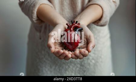 Die Hände der Frau halten ein Modell eines kleinen Herzens auf ihren Handflächen, Nahaufnahme, Zigaretten liegen neben ihnen Stockfoto