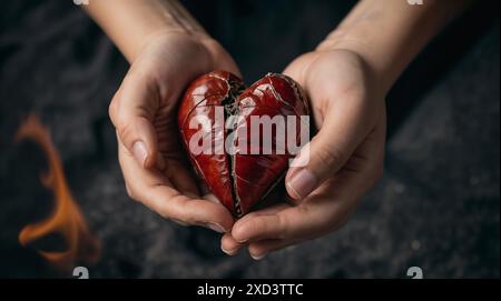 Die Hände der Frau halten ein Modell eines kleinen Herzens auf ihren Handflächen, Nahaufnahme, Zigaretten liegen neben ihnen Stockfoto