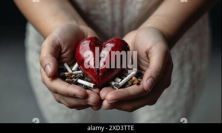 Die Hände der Frau halten ein Modell eines kleinen Herzens auf ihren Handflächen, Nahaufnahme, Zigaretten liegen neben ihnen Stockfoto