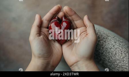 Die Hände der Frau halten ein Modell eines kleinen Herzens auf ihren Handflächen, Nahaufnahme, Zigaretten liegen neben ihnen Stockfoto