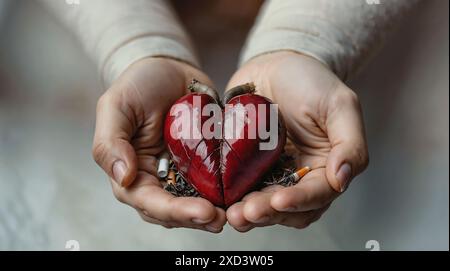 Die Hände der Frau halten ein Modell eines kleinen Herzens auf ihren Handflächen, Nahaufnahme, Zigaretten liegen neben ihnen Stockfoto