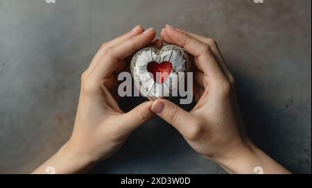 Die Hände der Frau halten ein Modell eines kleinen Herzens auf ihren Handflächen, Nahaufnahme, Zigaretten liegen neben ihnen Stockfoto