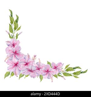 Rosafarbene Hibiskusblüten mit grünen Blättern elegante Rahmenkomposition. Handgezeichnete Aquarellillustration isoliert auf weißem Hintergrund. Blumendesign Stockfoto
