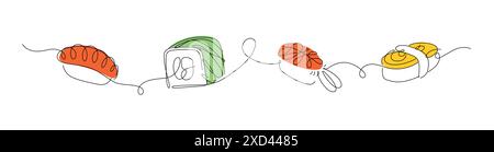 Sushi und Roll Panorama Set Zeichnung in linearer Stil mit Farbe auf weißem Hintergrund. Stock Vektor