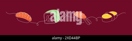 Sushi- und Roll-Panorama-Set Zeichnung im linearen Stil mit Farbe auf rotem Hintergrund. Stock Vektor