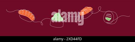 Roll- und Sushi-Panorama-Set Zeichnung im linearen Stil mit Farbe auf rotem Hintergrund. Stock Vektor