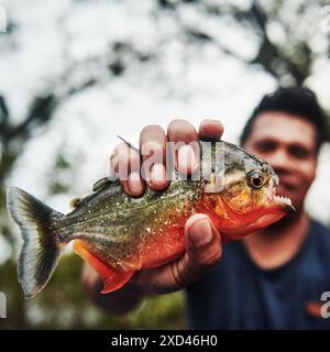 Ein Mann hält einen Piranha-Fisch im Cuyabeno Wildreservat, Amazonas-Regenwald, Ecuador, Südamerika Stockfoto