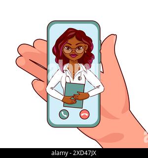Online-Beratung mit einem Arzt. Schwarze junge Frau, Facharzt für Brillen gibt medizinische Empfehlungen. Eine Hand hält ein Smartphone mit einem Do Stock Vektor