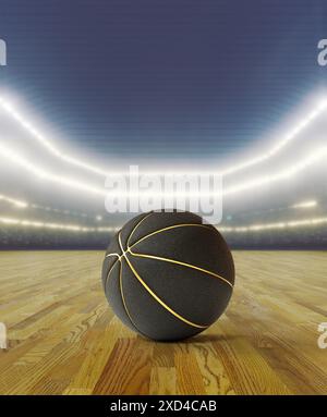 Ein generisches Stadion mit Sitzplätzen, das einen schwarzen Basketballball auf einer hölzernen Spielfläche unter beleuchteten Flutlichtern zeigt – 3D-Rendering Stockfoto