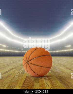 Ein generisches Stadion mit Sitzplätzen, das einen orangen Basketballball auf einer hölzernen Spielfläche unter beleuchteten Flutlichtern zeigt - 3D-Rendering Stockfoto