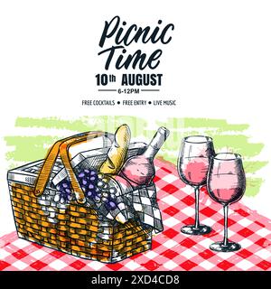 Picknick-Zeitbanner, Poster, Flyer-Design. Hand gezeichneter Korb, Gläser Wein mit Aquarelltextur auf rotem kariertem Tischdecken Hintergrund. Vektorskizze Stock Vektor